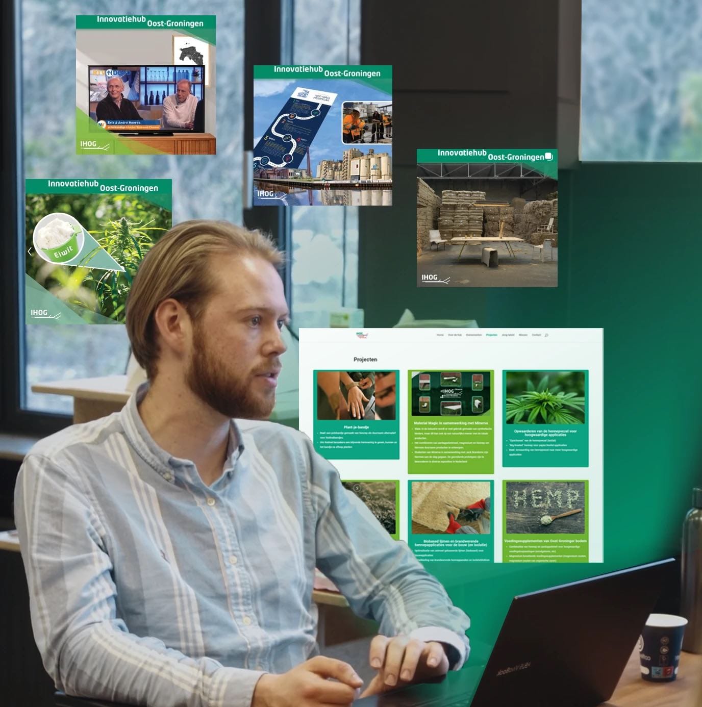 Marketing strategieën voor Innovatiehub Oost-Groningen Marketeer van PeperX werkt achter laptop aan strategieën voor Innovatiehub Oost-Groningen.